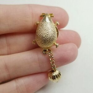 Vintage Little Bug Lapel Pin with Charm, Gold Tone Brooch, Creature, Retro Estat